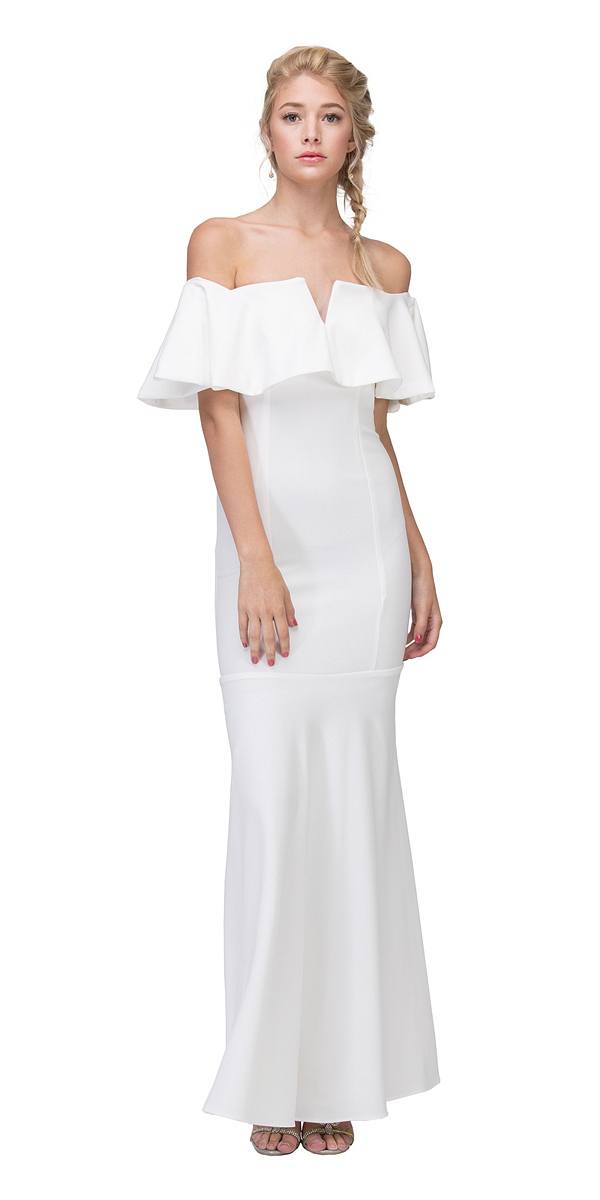 Ivory off-shoulder long dress with ruffled V-notch bodice