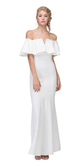 Ivory off-shoulder long dress with ruffled V-notch bodice