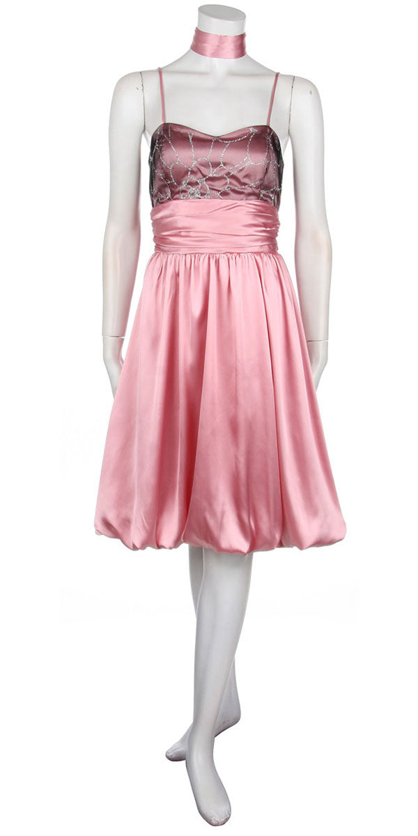 Dusty rose short satin dress with spaghetti straps and gathered bubble skirt