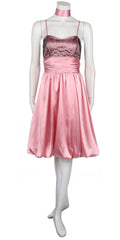 Dusty rose short satin dress with spaghetti straps and gathered bubble skirt