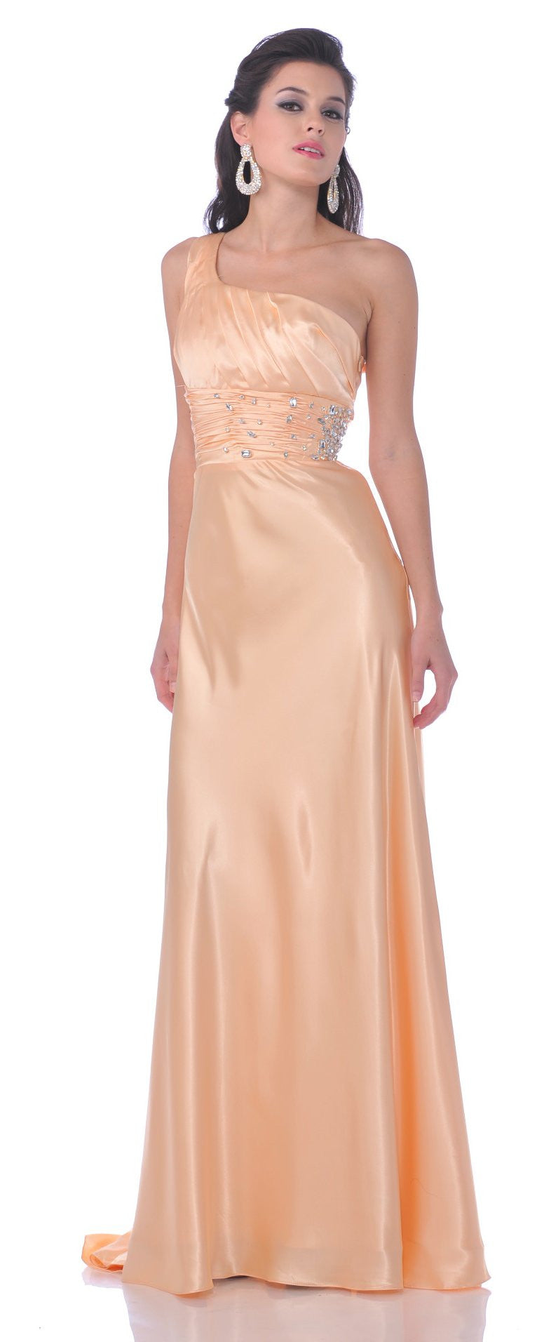 Gold long satin one-shoulder dress with rhinestone detail, fitted bodice and flowing skirt