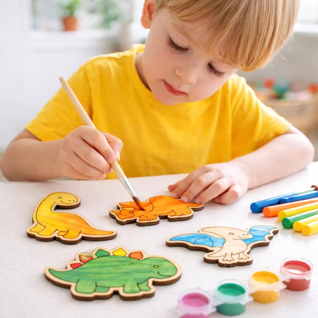 Kids painting wooden dinosaur cutouts with brush and paints, children’s craft kit