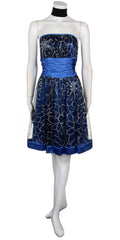 Royal blue strapless knee-length mesh overlay dress with floral beadwork, fitted bodice