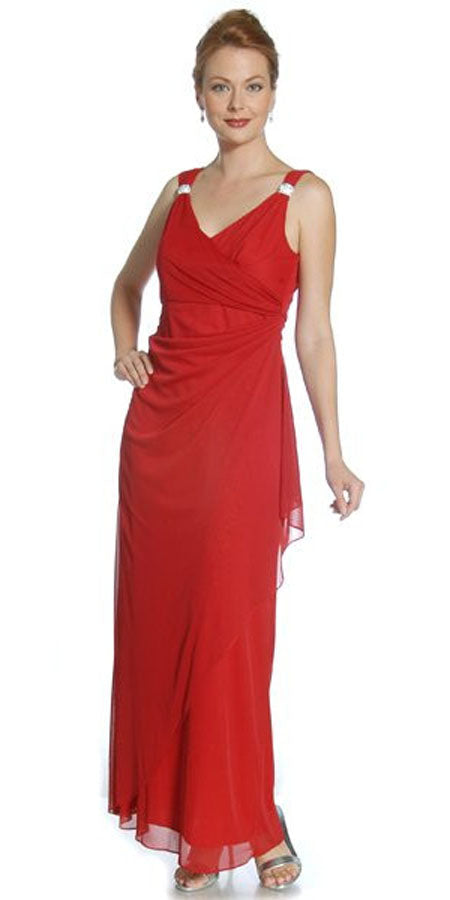 Red sleeveless semi-formal dress with V-neck, rhinestone straps, and wrap skirt