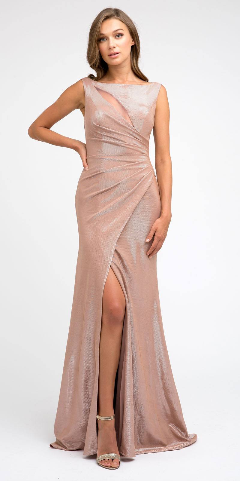Faux-wrap mermaid long dress, sleeveless round neckline, rose gold satin with front slit