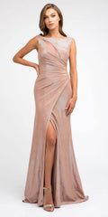 Faux-wrap mermaid long dress, sleeveless round neckline, rose gold satin with front slit