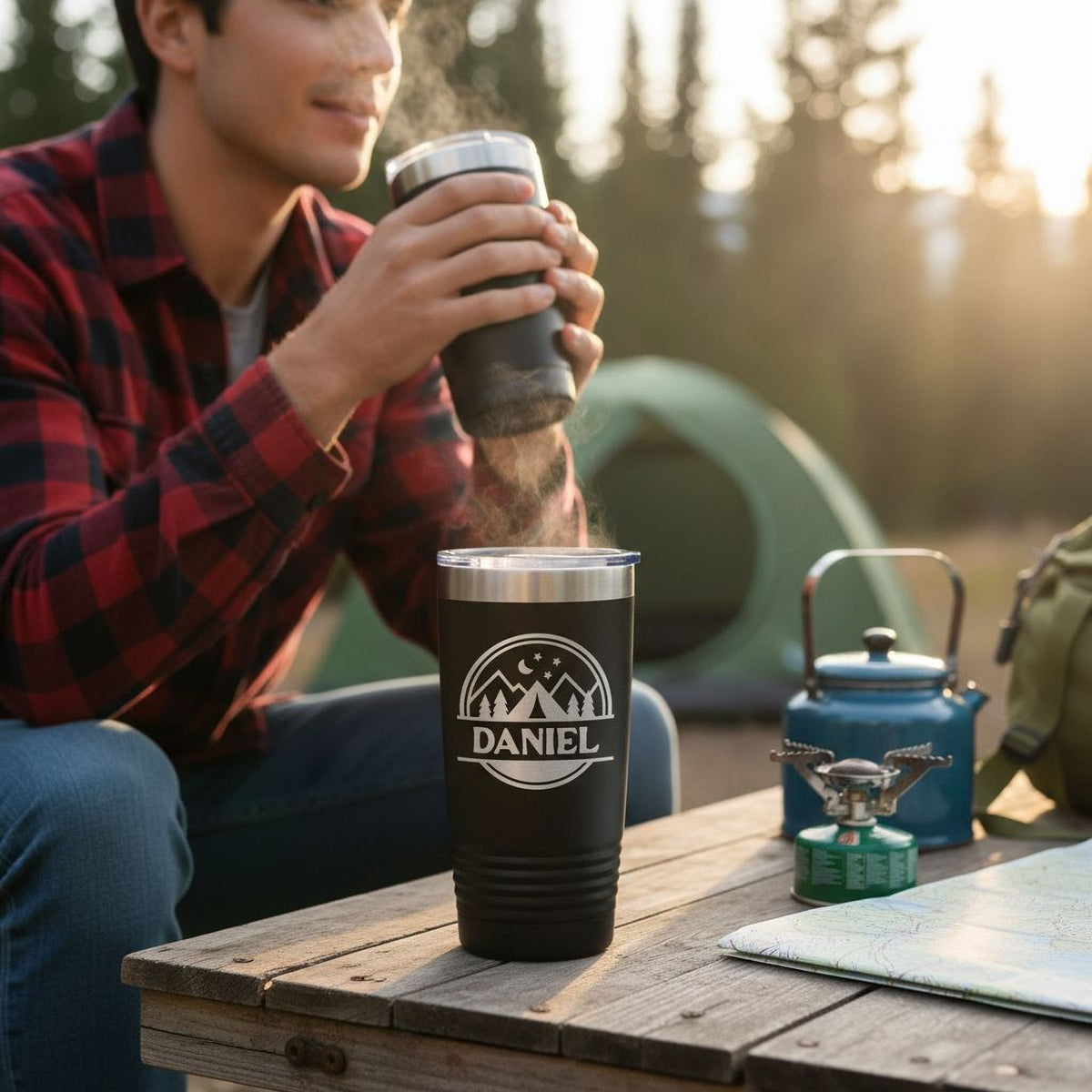 Black insulated travel mug with mountain stars “Daniel” logo on a camping table