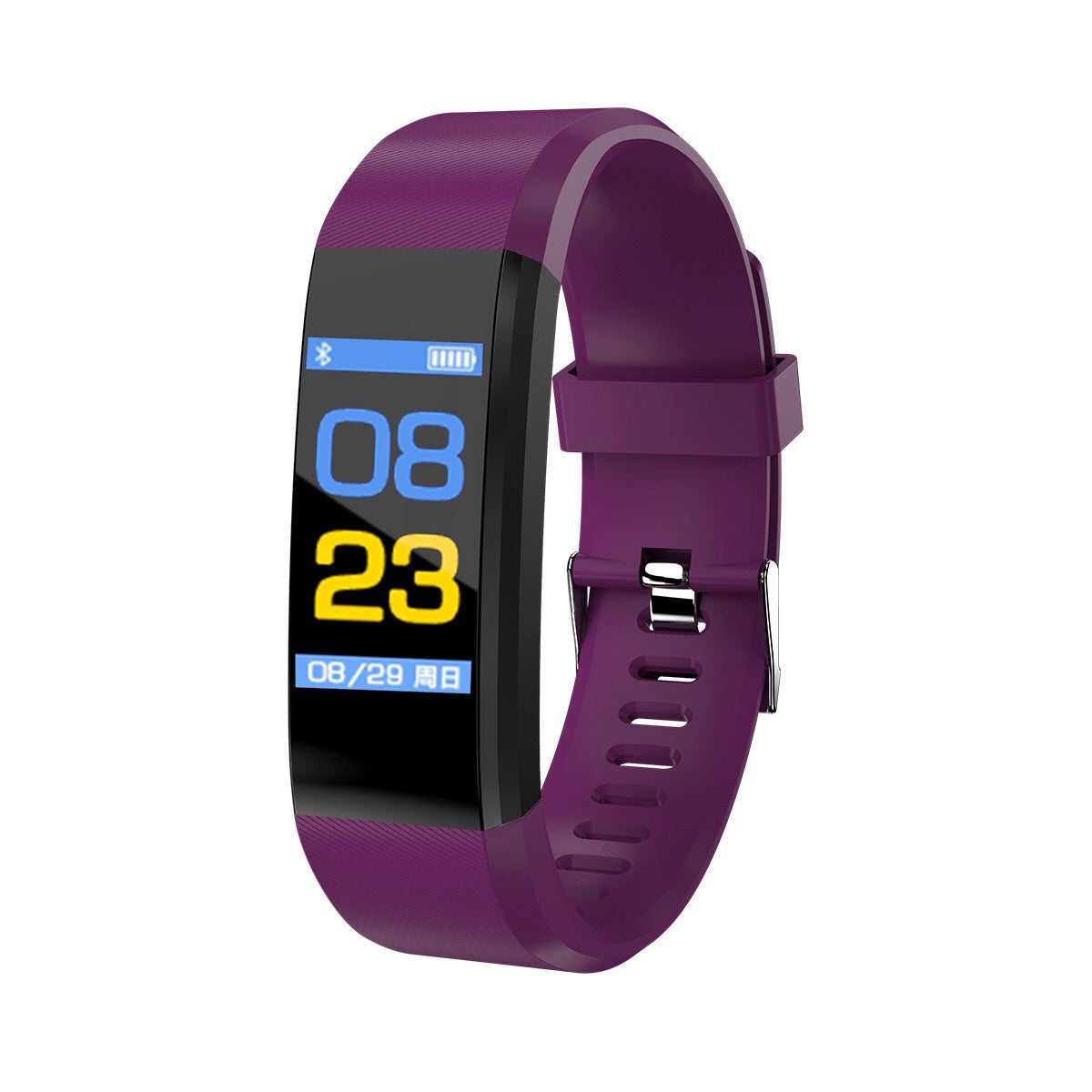 Purple fitness tracker with step and date display on the screen