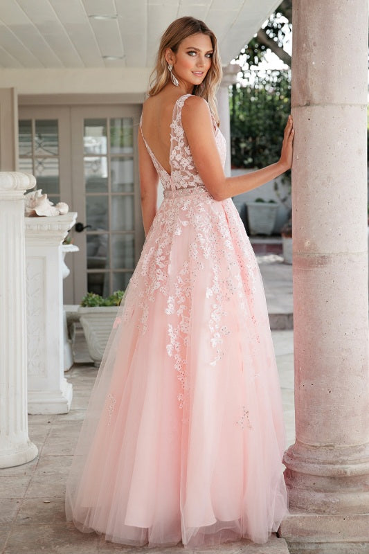 Embroidered tulle A-line ball gown with V-neck and open-back detail, light pink