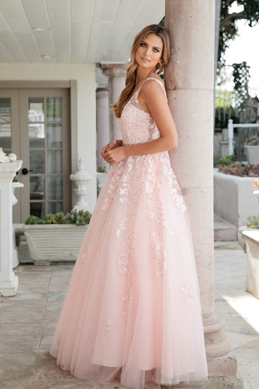 Embroidered tulle A-line ball gown with V-neck, light blush pink side view