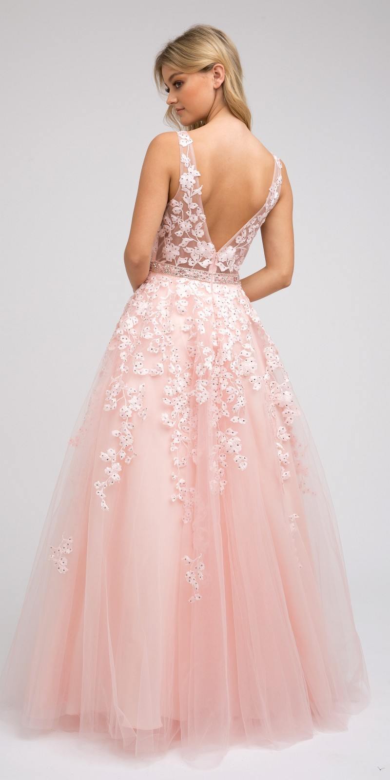 Blush pink embroidered tulle A-line ball gown with V-neck and open back
