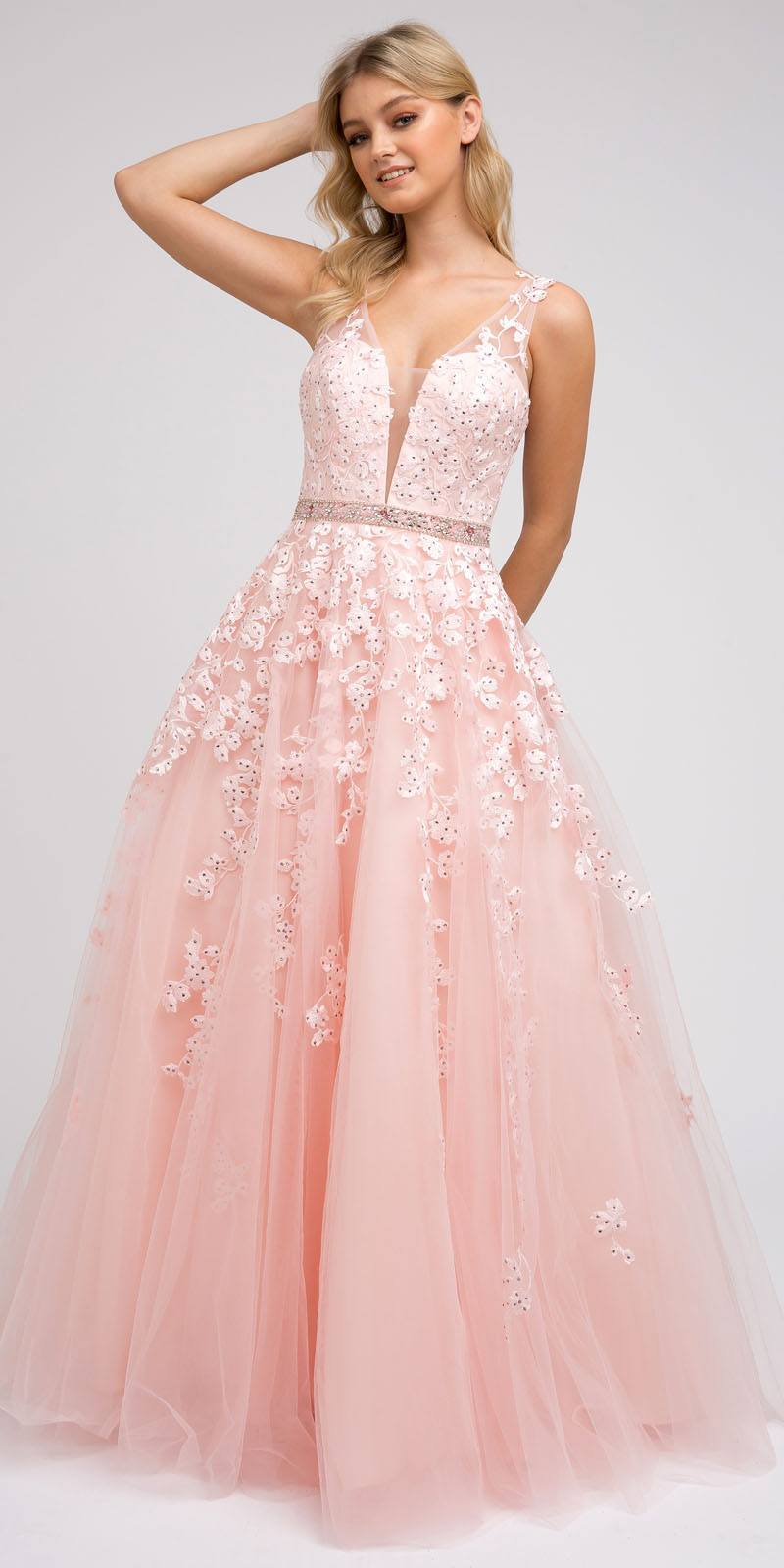 Blush pink embroidered tulle A-line ball gown with V-neck and full tulle skirt