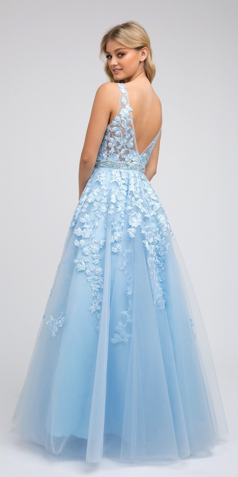 Light blue embroidered tulle A-line ball gown with V-neck and open back detail