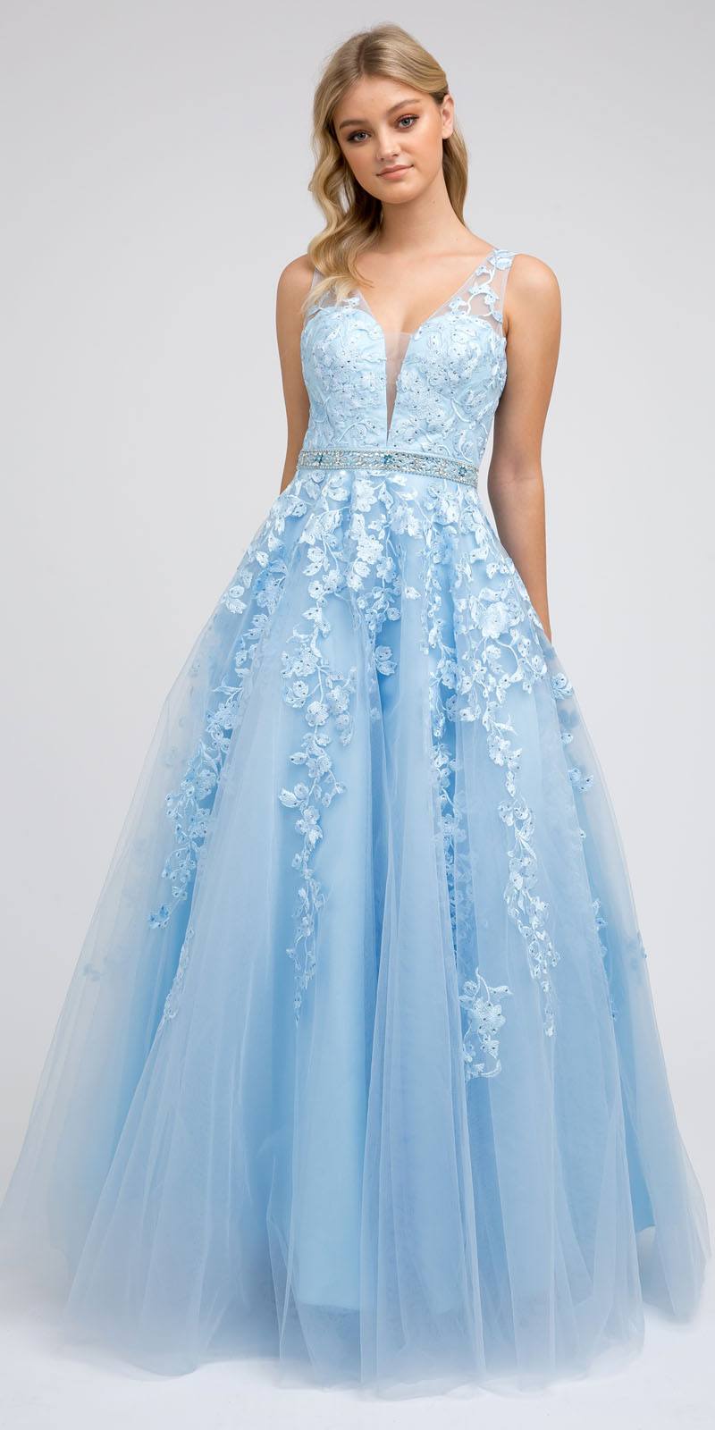 Light blue embroidered tulle A-line ball gown with V-neck and delicate floral appliques