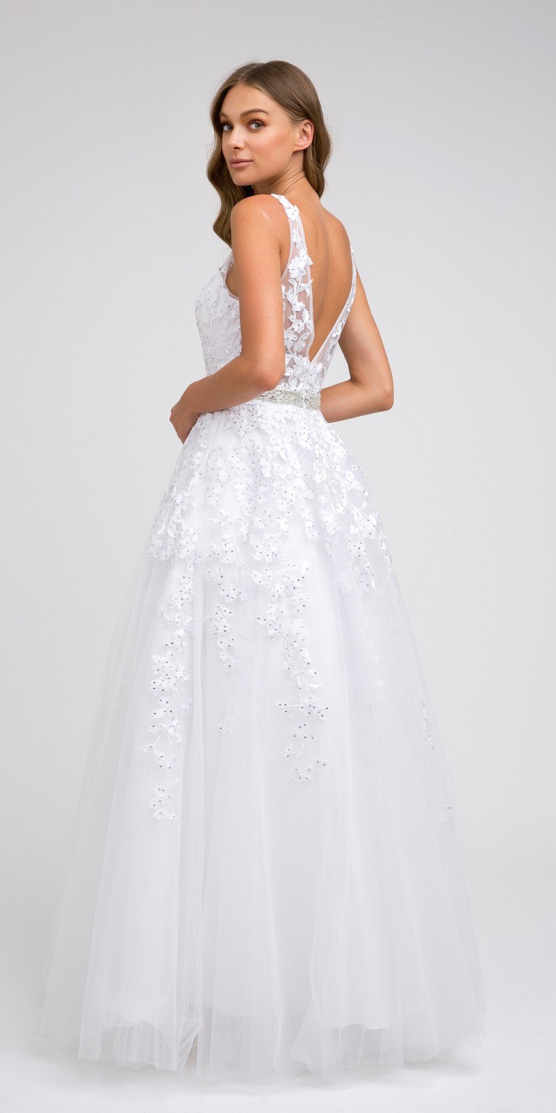 White embroidered tulle A-line ball gown with open back and beaded V-neck detail