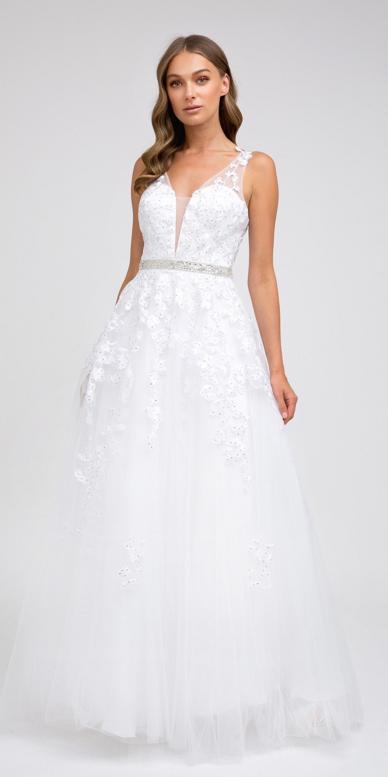 White embroidered tulle A-line ball gown with V-neck and sleeveless straps