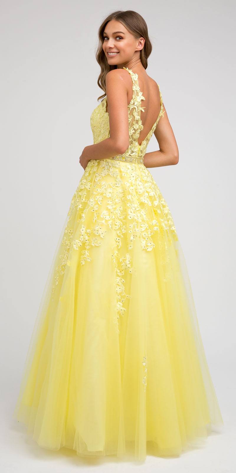 Embroidered tulle A-line ball gown with open back, yellow sleeveless bodice