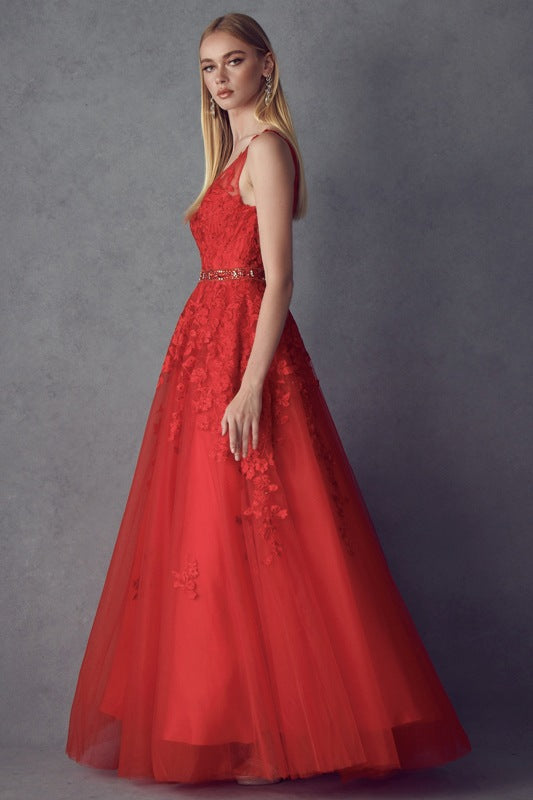 Red embroidered tulle A-line ball gown with V-neck and full gathered skirt