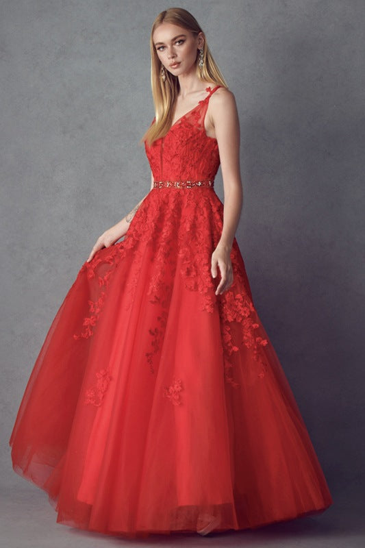 Red V-neck embroidered tulle A-line ball gown with jeweled waist belt