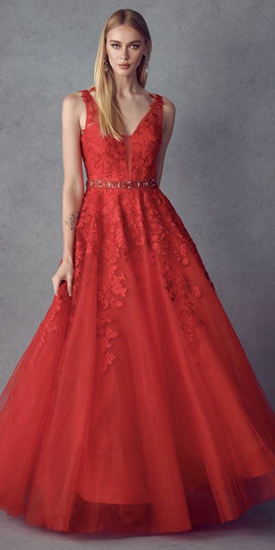 Red embroidered tulle A-line ball gown with V-neck sleeveless bodice and belt