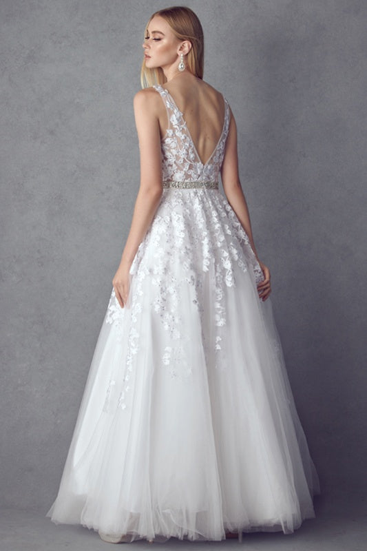 White embroidered tulle A-line ball gown with open back and beaded waist belt
