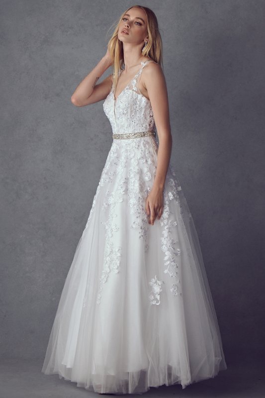 White V-neck embroidered tulle A-line ball gown with beaded waist belt