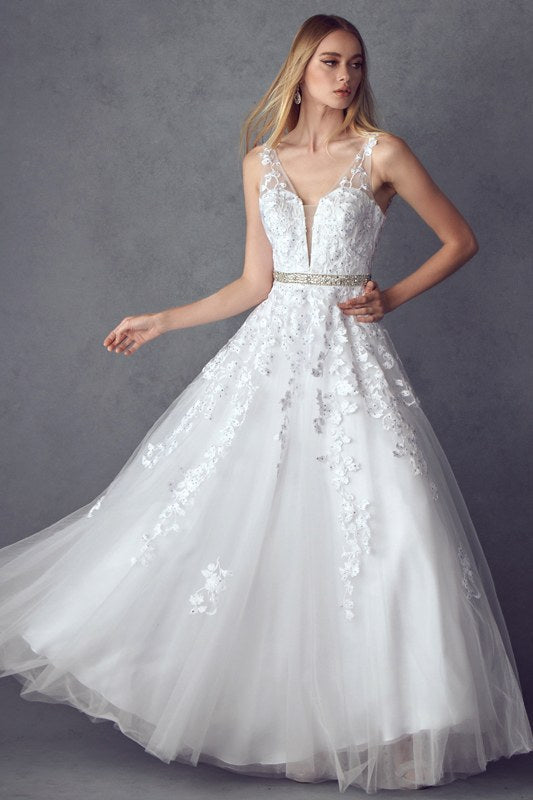 White sleeveless embroidered tulle A-line ball gown with beaded waist belt