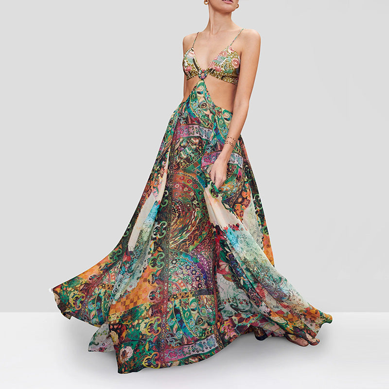 Floral printed maxi dress with sweetheart bodice tie and waist cutout, flowing tiered skirt