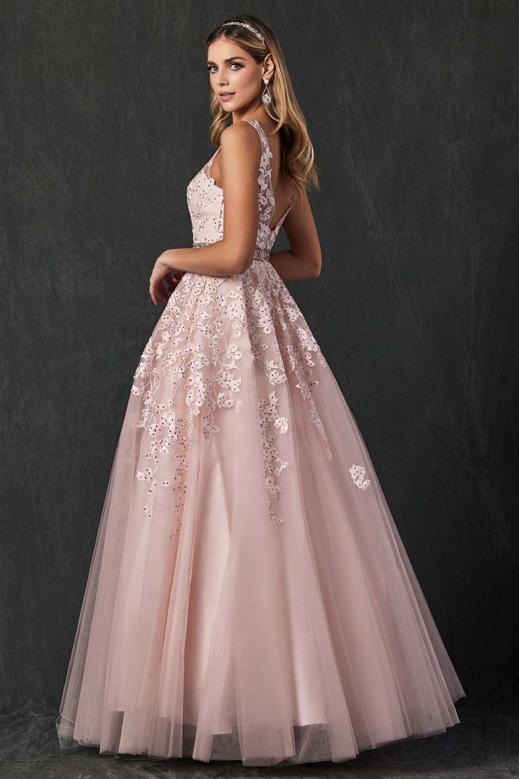 Embroidered tulle A-line ball gown with V-neck, blush pink sleeveless style