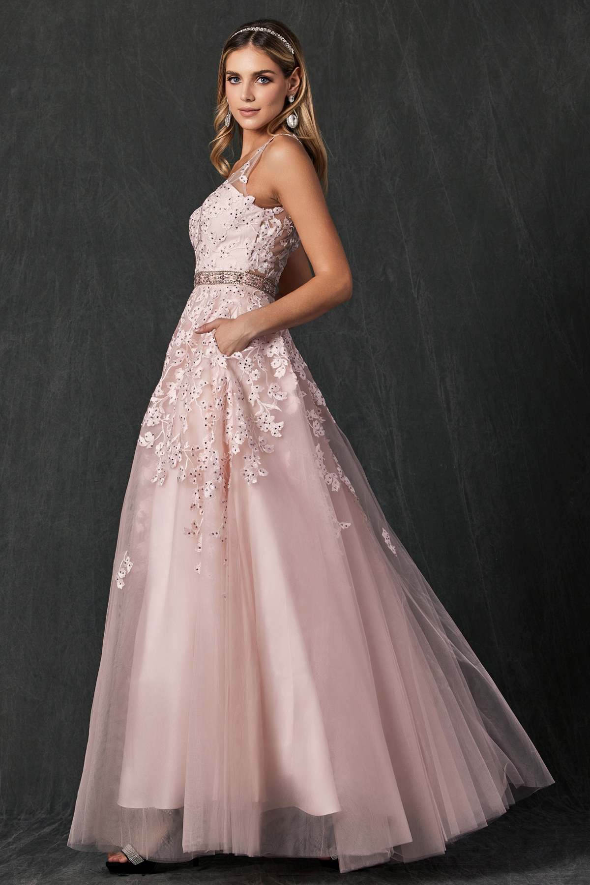 Embroidered tulle A-line ball gown with V-neck, blush pink full skirt