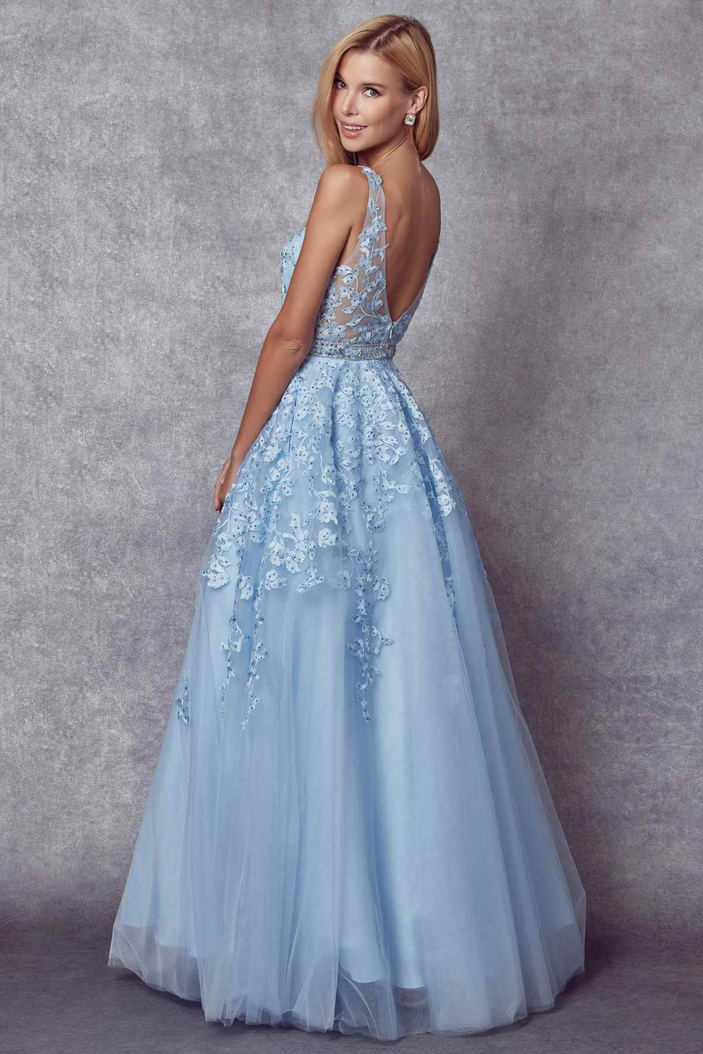Light blue embroidered tulle A-line ball gown, V-neck sleeveless bodice