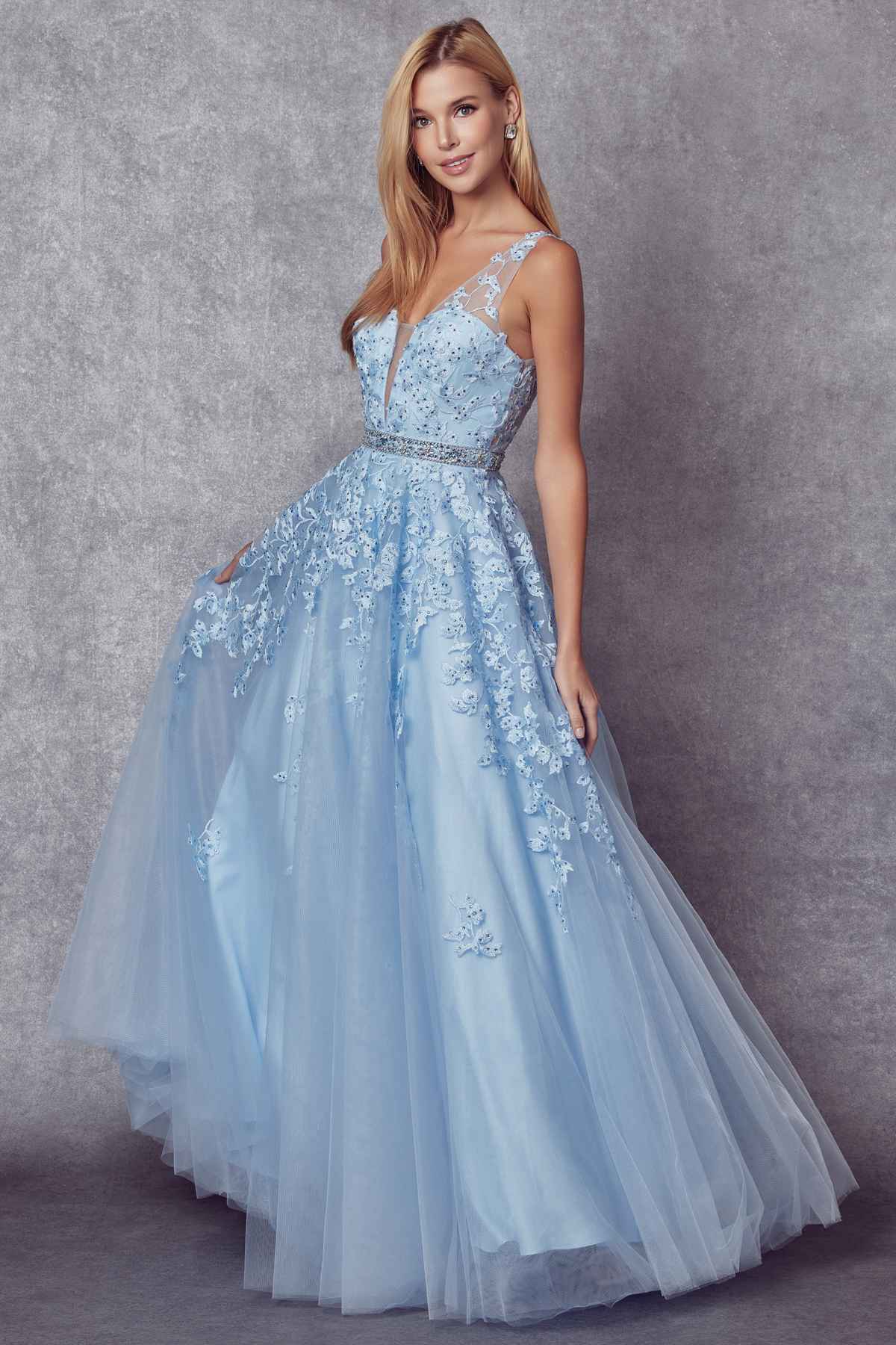Light blue embroidered tulle A-line ball gown with V-neck and full tulle skirt