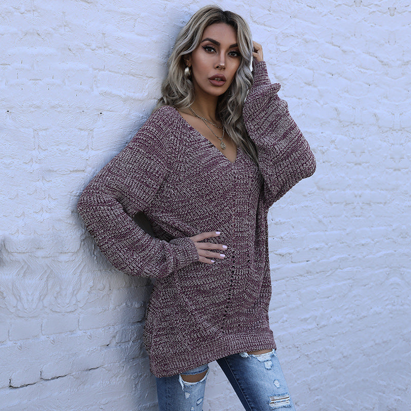 Autumn Casual Women Wear Mid Length Mixed Color Long Sleeve Loose V neck Sweater