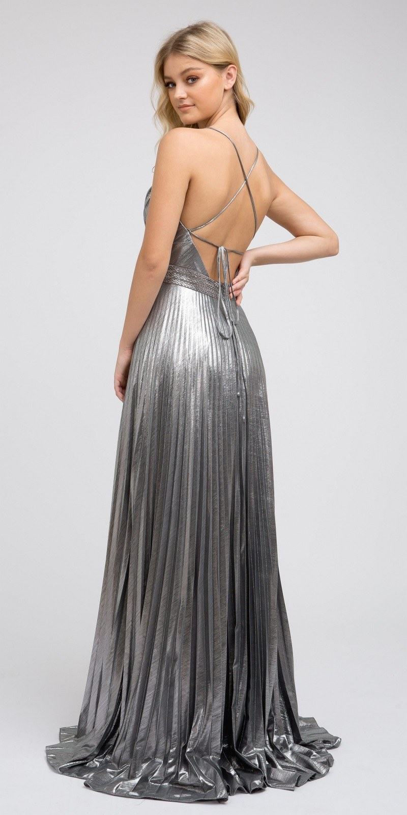 Silver metallic pleated long dress with open back and thin crisscross straps