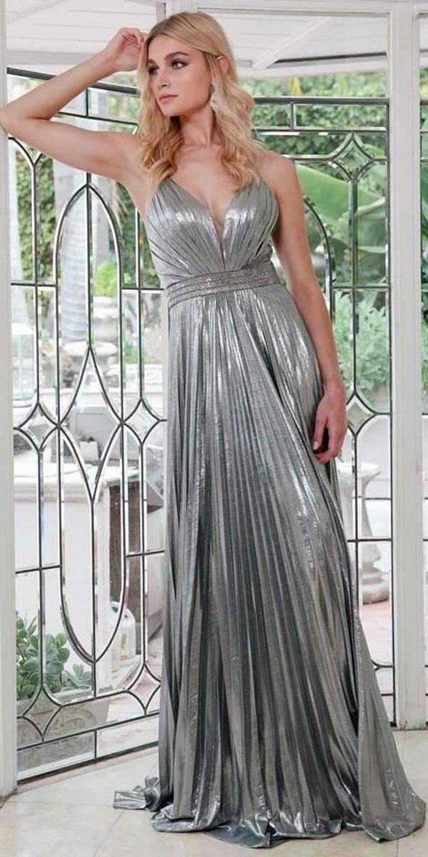 Silver metallic pleated long dress with V-neck and crisscross back straps