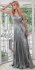 Silver metallic pleated long dress with V-neck and crisscross back straps