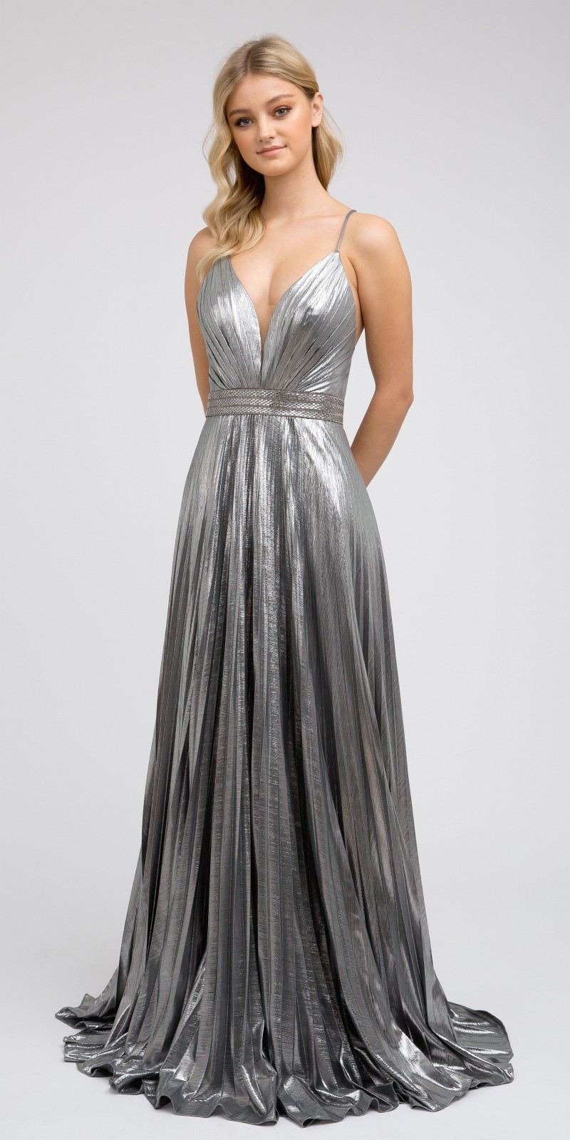 Silver metallic pleated long A-line dress with V-neck spaghetti straps