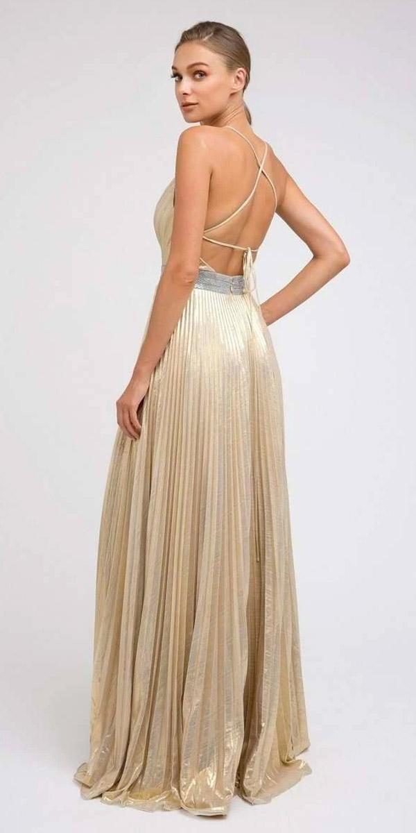 Gold metallic pleated long dress with open back and thin crisscross straps