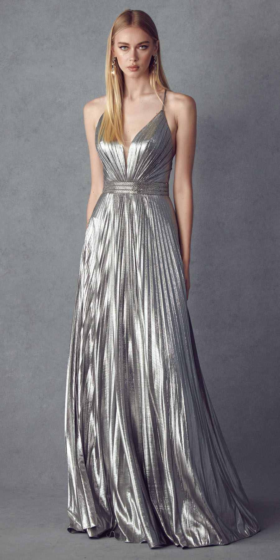Charcoal metallic pleated long dress with V-neck and lace-up back