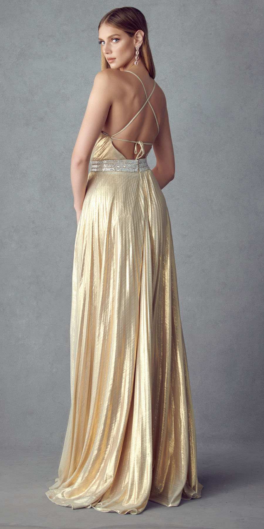 Gold metallic pleated long dress with open back lace-up straps