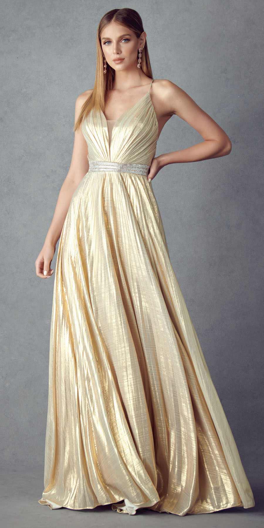 Gold metallic pleated long A-line dress with V-neck spaghetti straps