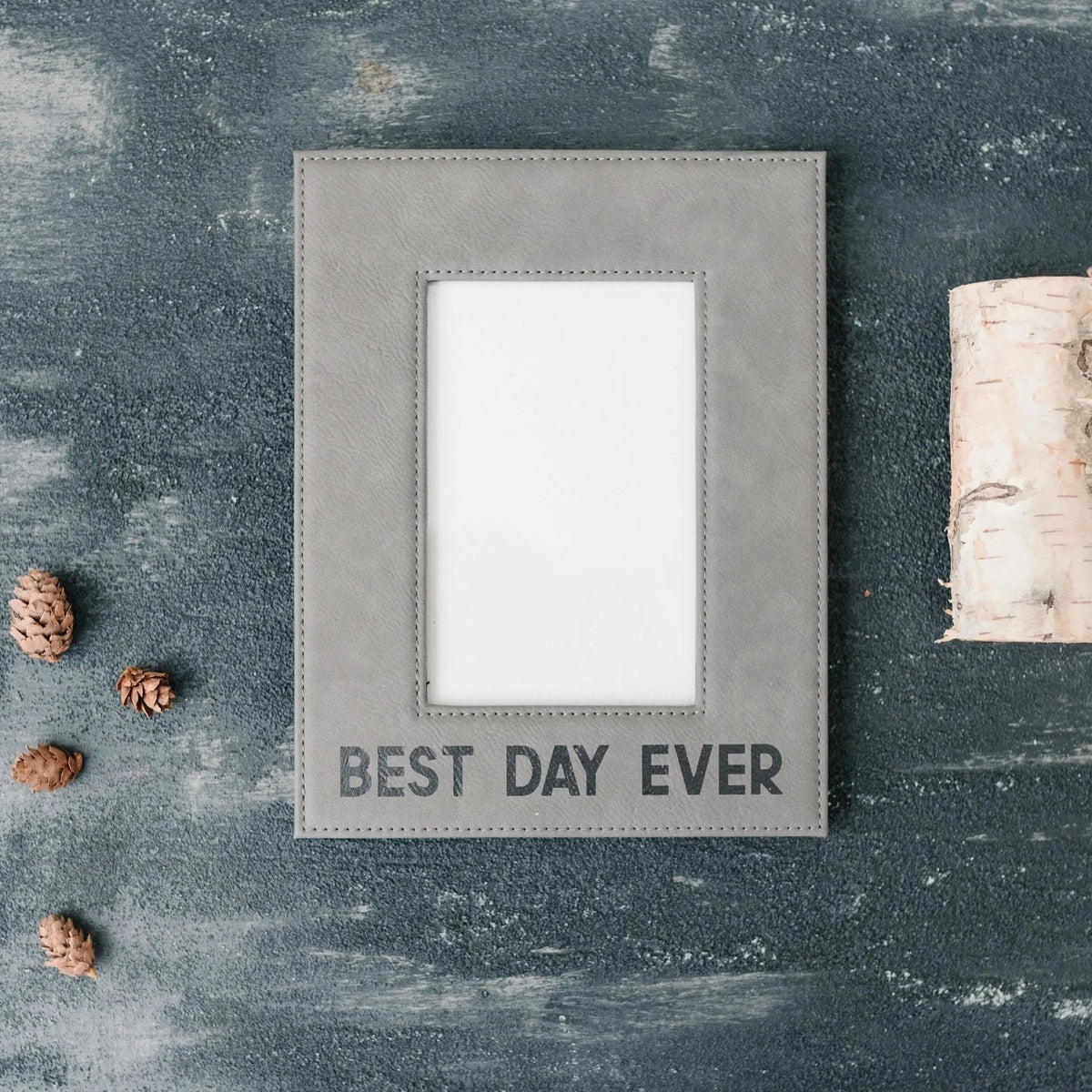 Gray faux-leather photo frame with stitched mat window and “BEST DAY EVER” wording