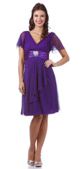 Purple short-sleeve knee-length dress with V-neck and jeweled waist brooch