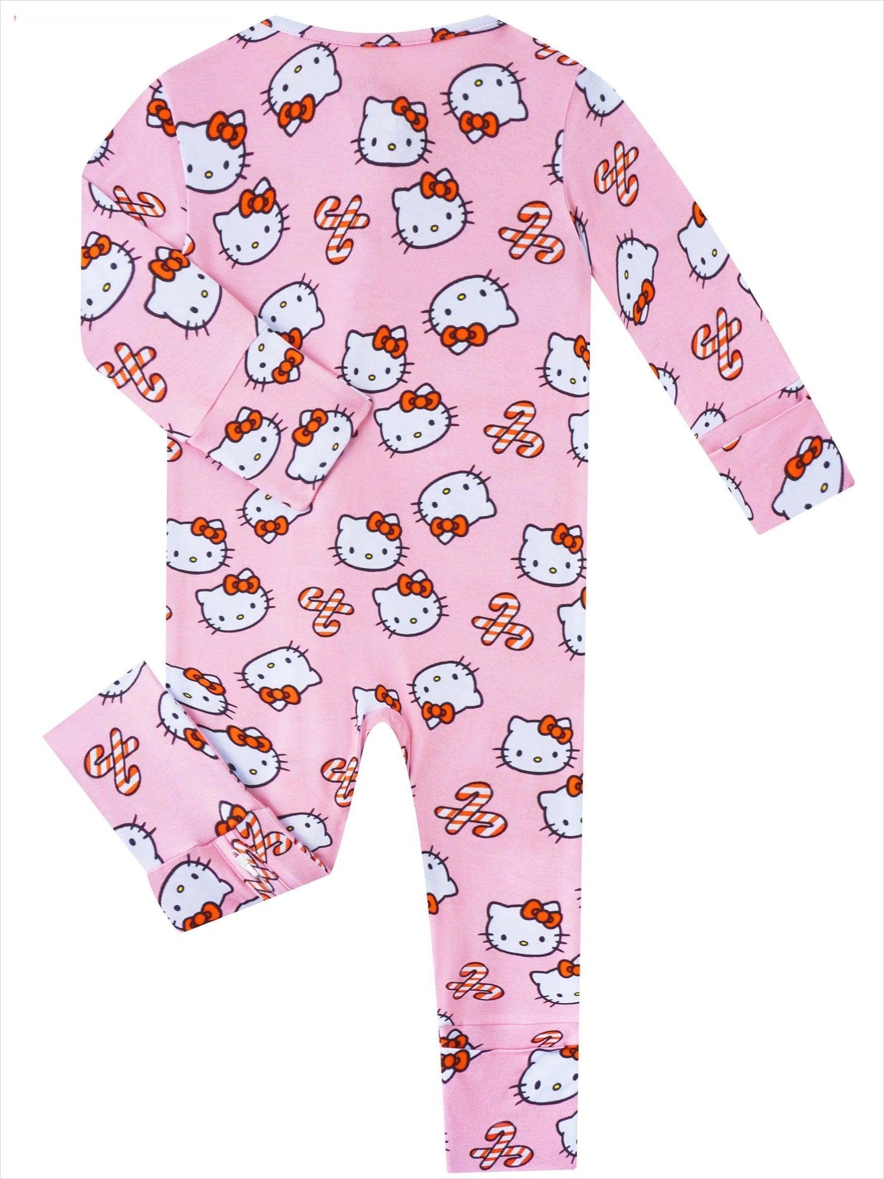 Pink long-sleeve baby romper with allover Hello Kitty character print and footed legs