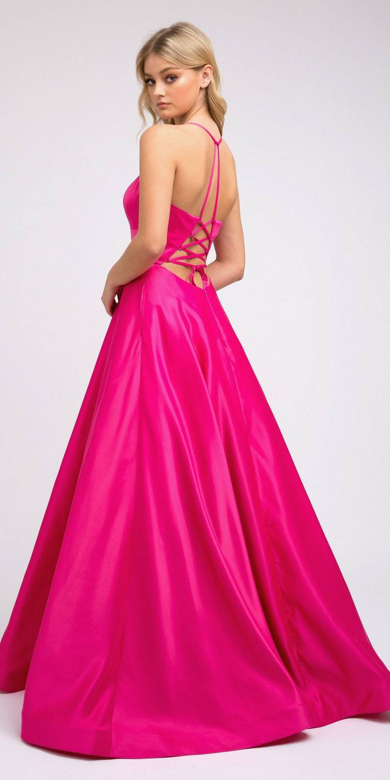 Satin A-line prom dress in bright pink with low crisscross open back and thin straps