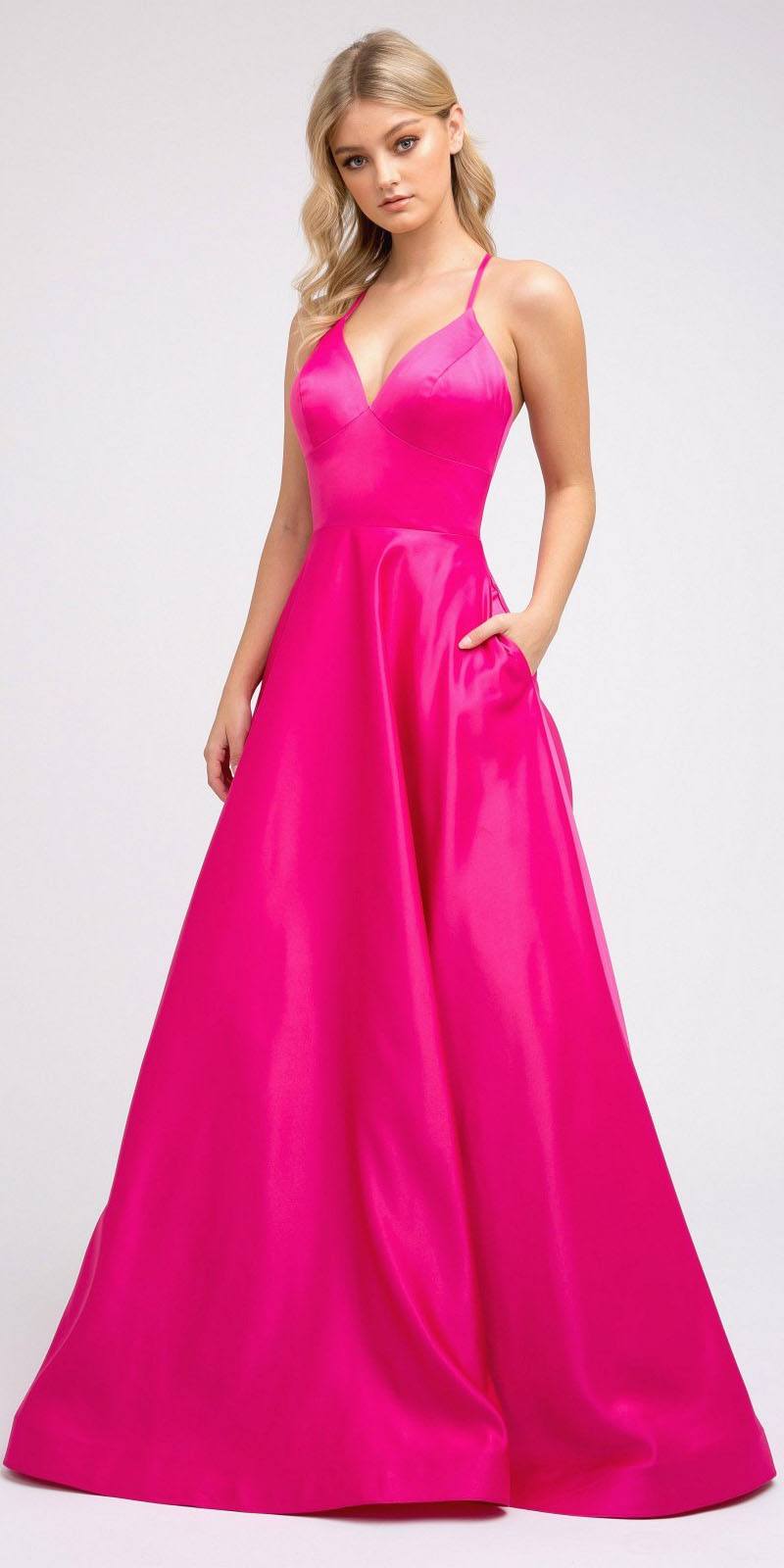 Satin A-line prom dress in bright pink with spaghetti straps and flared full skirt