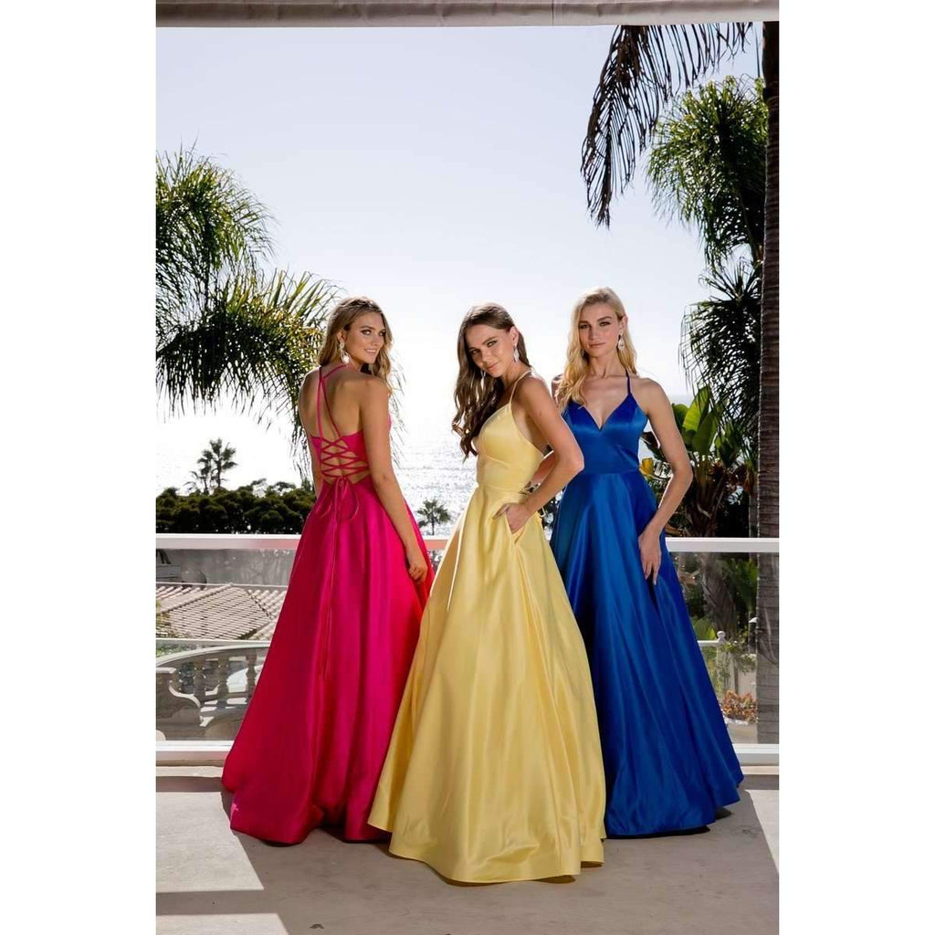 Satin A-line prom dresses in pink, yellow, and blue with spaghetti straps