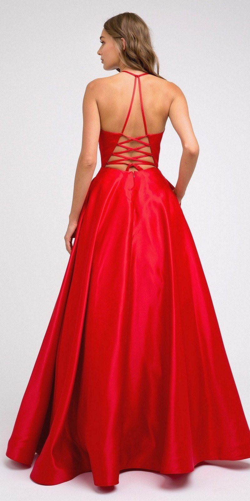 Satin A-line prom dress in red-pink with crisscross open back and thin straps