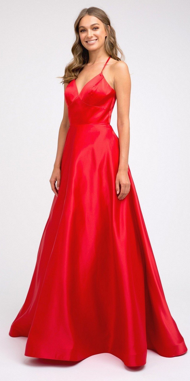 Satin A-line prom dress in red-pink with spaghetti straps and flared full skirt