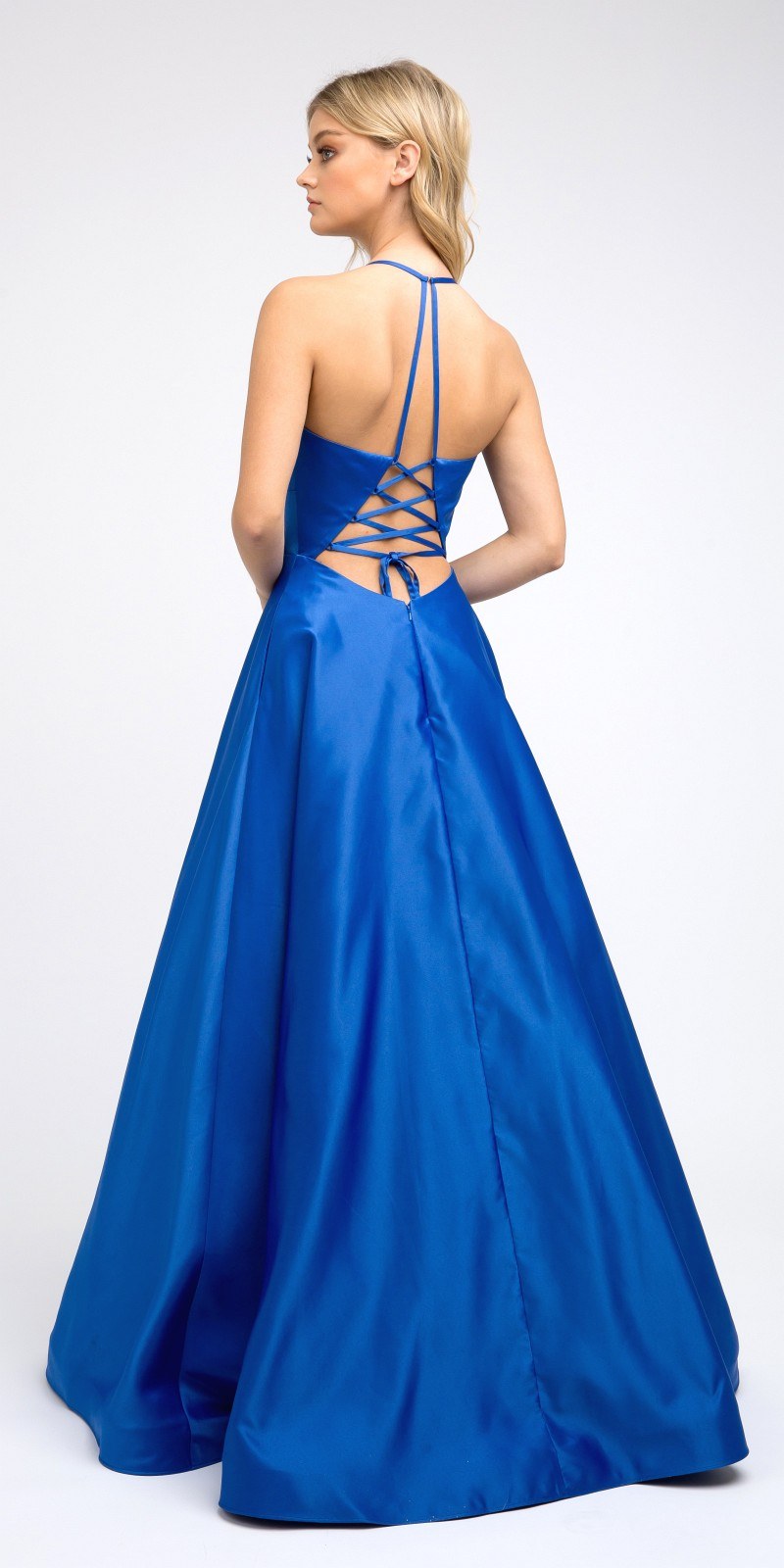 Juliet 230 satin prom dress, blue A-line with crisscross open-back straps